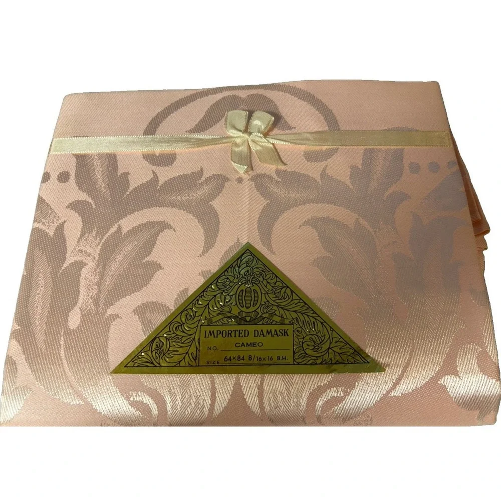 Vtg Toyobo Japan Damask Tablecloth Napkin (8) Set 64x84 Pink Cotton Rayon NOS